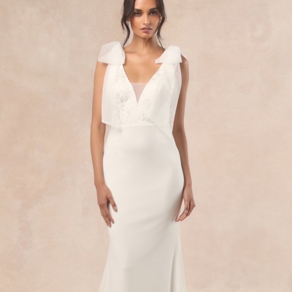 Lulus Desiree White Tie-strap Jacquard Mermaid Maxi Dress - Size S Wedding Dress